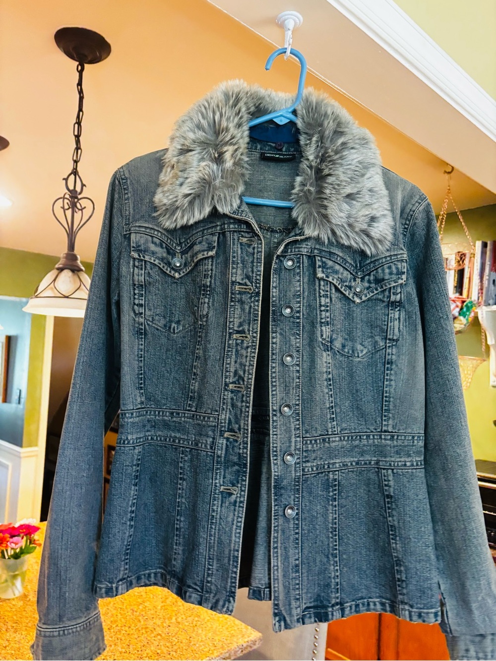 DKNY Gray Washed Denim Jacket with Faux Fur Collar